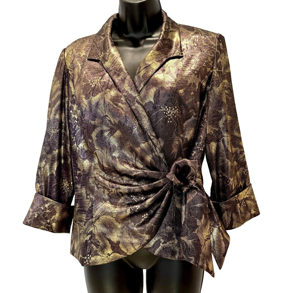 Alex Evenings Womens M Metallic Gold Purple Floral Wrap Top Jacket Ruched Tie